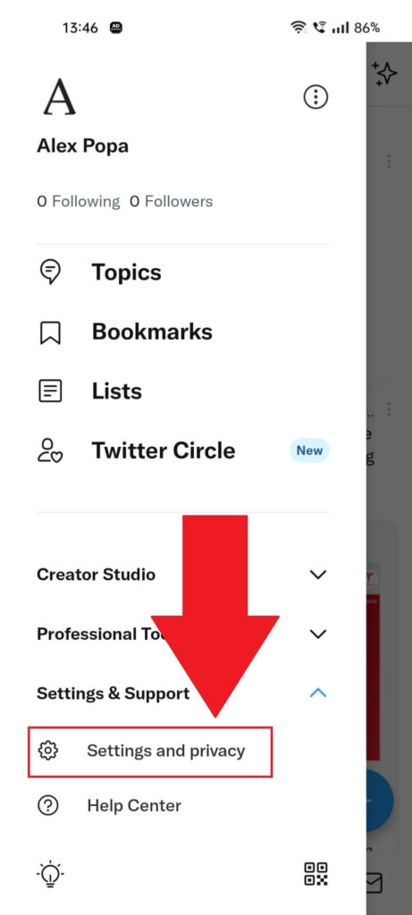 Twitter profile settings showing the "Settings and privacy" option highlighted in red