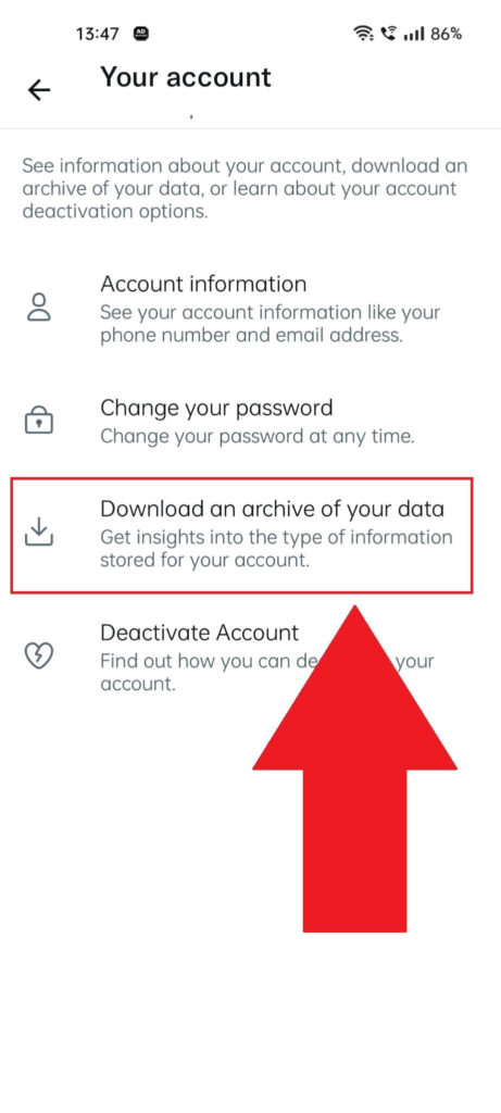 Twitter "Your account" settings page showing the "Download an archive of your data" option highlighted in red