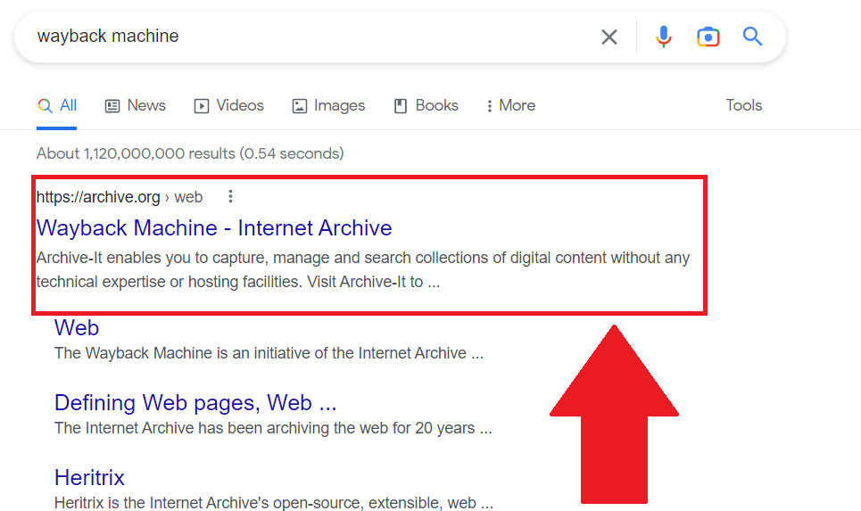 Google Chrome search results showing the Wayback Machine website highlighted in red