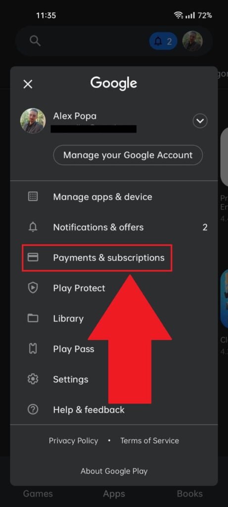 Play Store Google settings showing the "Payments & Subscriptions" option highlighted in red