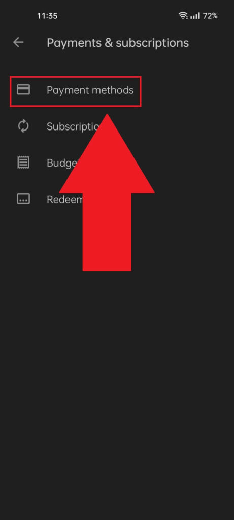 Google "Payment & subscriptions" settings showing the "Payment methods" option highlighted in red