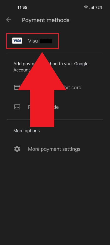Google Play "Payment Methods" menu where a credit card is highlighted in red