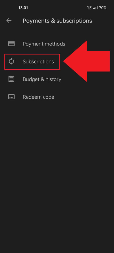 Google Play "Payments & Subscriptions" page where the "Subscriptions" option is highlighted