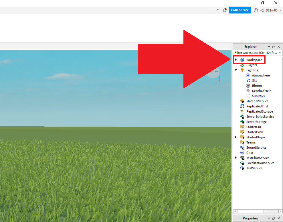 Roblox Studio interface with the "Workspace" option selected on the right-hand side Explorer tab