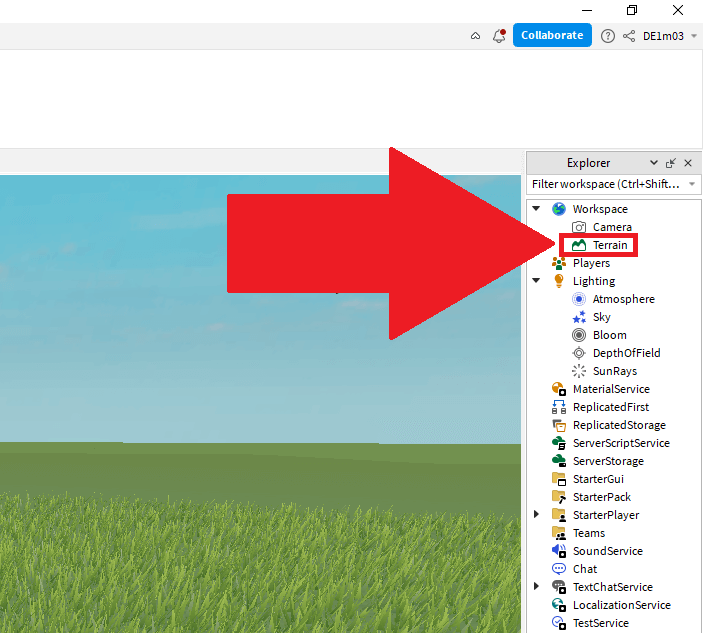 Roblox Studio interface showing the "Terrain" option highlighted in red
