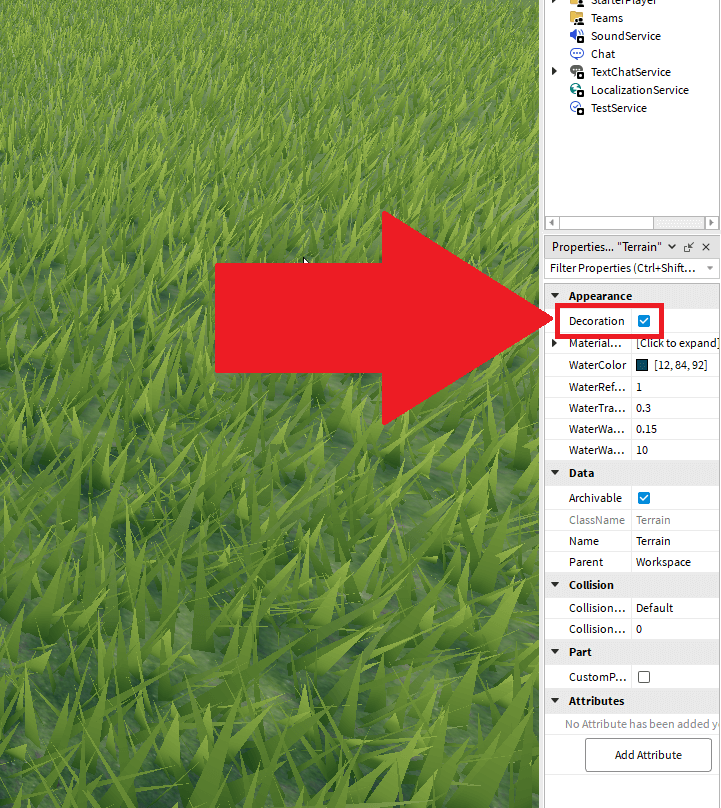 Roblox Studio interface with the "Decoration" option under the "Terrain" tab highlighted in red