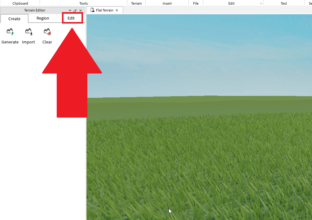Roblox Studio showing the "Edit" option under the "Terrain Editor" tab highlighted in red