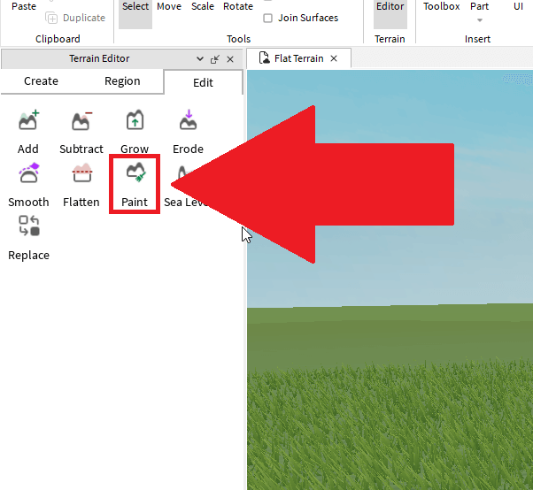 Roblox Studio with the "Paint" option highlighted