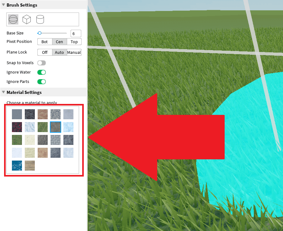 Roblox Studio showing all the material types you can select to paint over the terrain