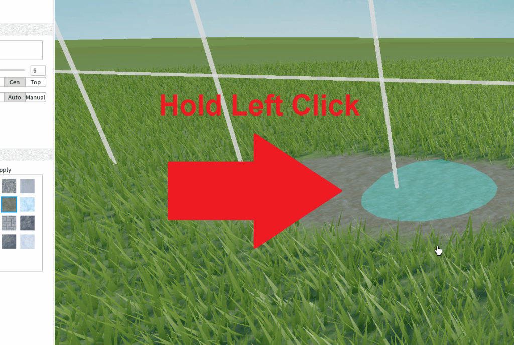 Roblox Studio showing how to replace the grass with another material, with the "Hold Left Click" message pointing near the cursor