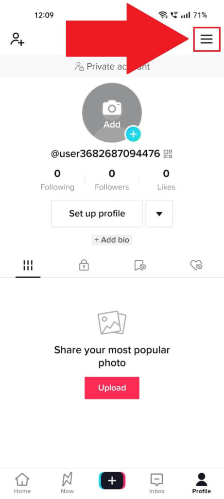 TikTok profile page where the "Menu" icon is highlighted in red