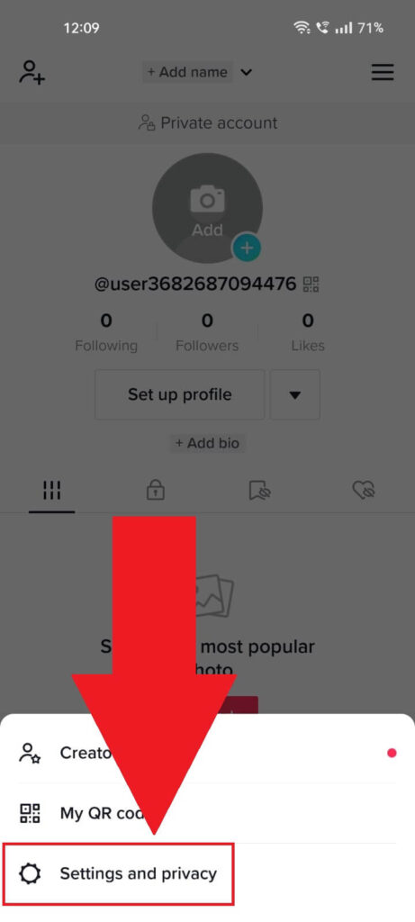 TikTok profile page showing the "Settings and privacy" option highlighted at the bottom of the page