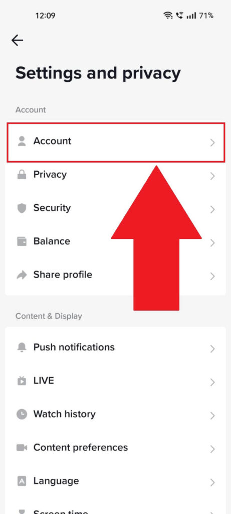 TikTok settings page where the "Account" option is highlighted in red