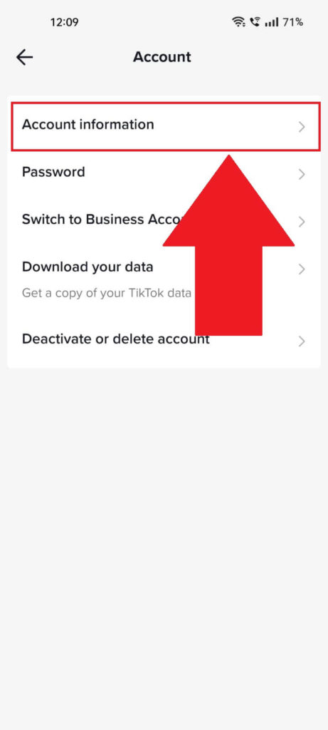 TikTok "Account" settings page where the "Account information" option is highlighted in red