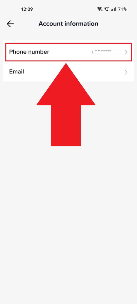 TikTok "Account information" page where the "Phone number" option is highlighted