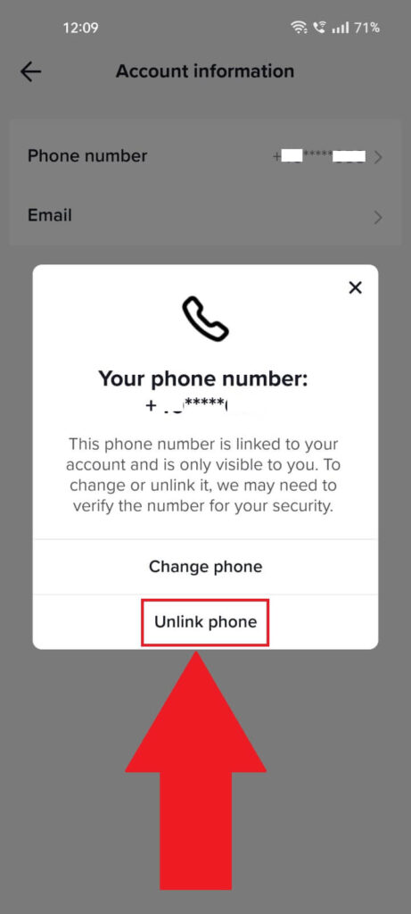 TikTok "Account information" page where the "Unlink phone" option is highlighted