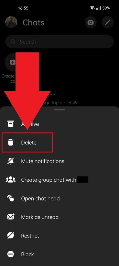 Facebook Messenger chat options showing the "Delete" option highlighted in red