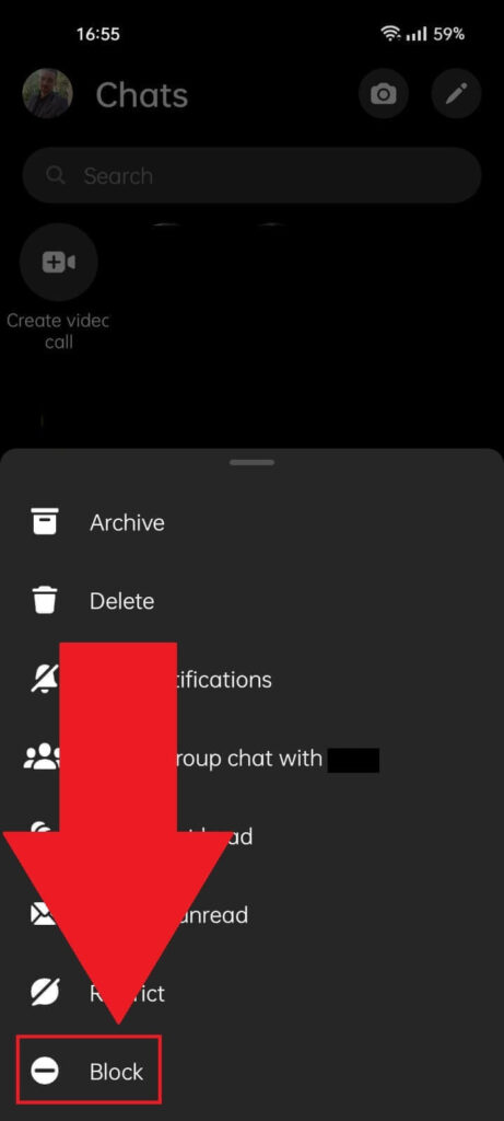 Facebook Messenger Chat options showing the "Block" option highlighted in red