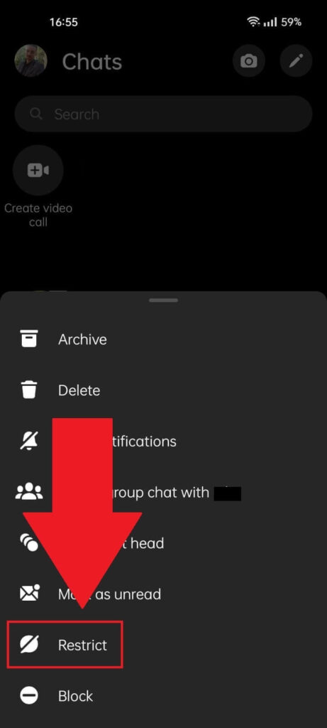 Facebook Messenger Chat settings showing the "Restrict" button highlighted in red