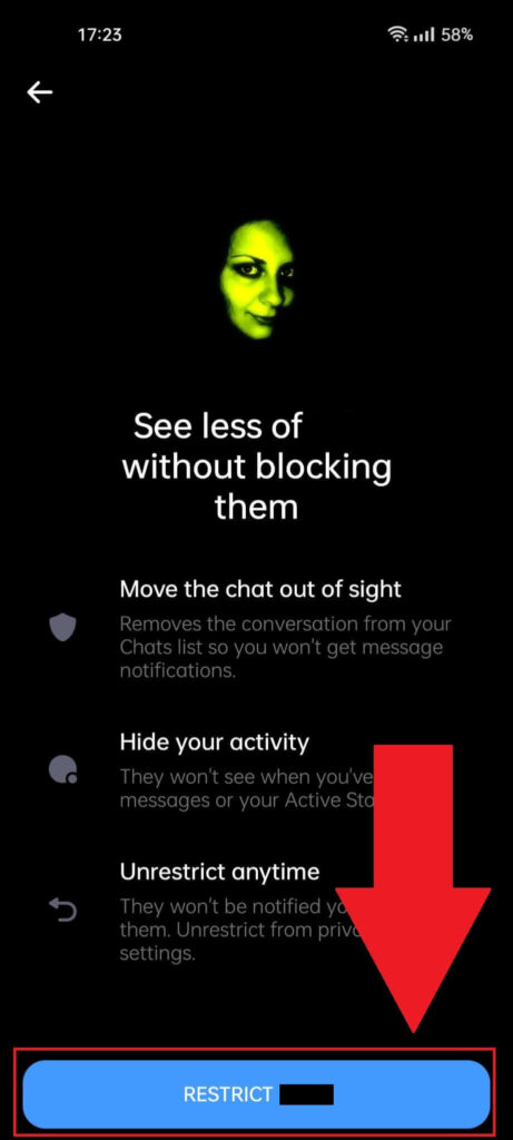 Messenger "Restrict" page showing information about restricting someone, and the "Restrict" button is highlighted at the bottom of the page