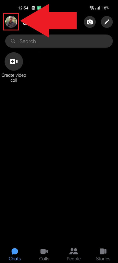 Messenger chats page showing the Profile icon highlighted in the top-left corner