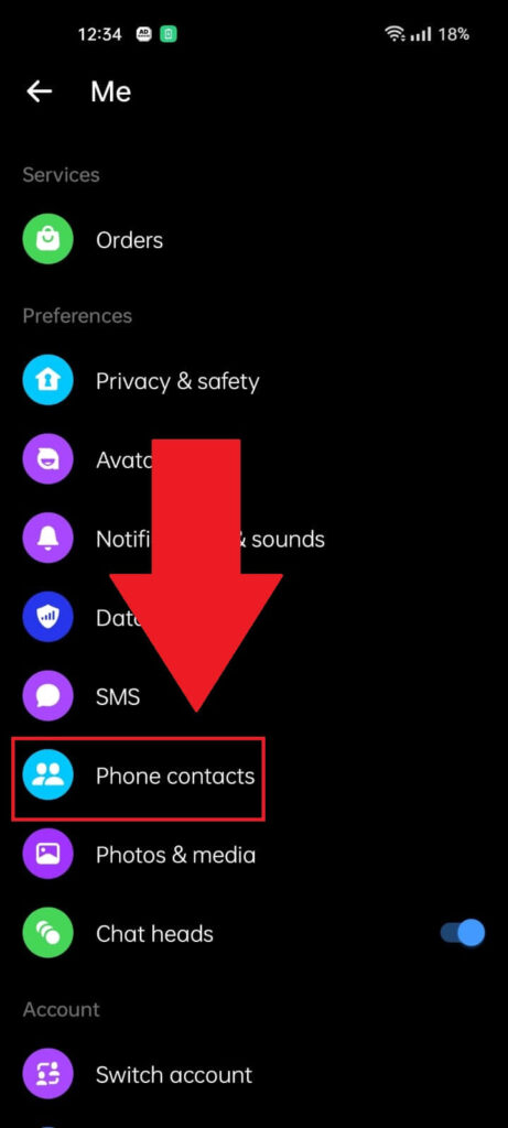 Messenger settings showing the "Phone contacts" option selected 