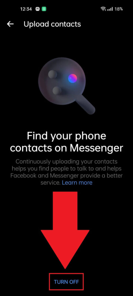 Messenger "Upload contacts" page where the "Turn off" button is highlighted