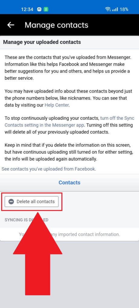 Facebook Messenger "Manage contacts" page showing the "Delete all contacts" button highlighted