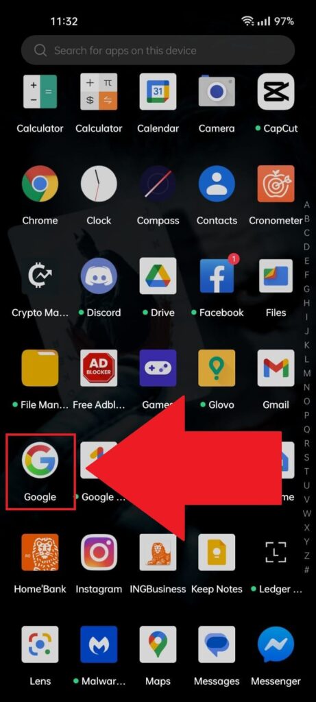 Android phone app list showing the "Google" app highlighted in red