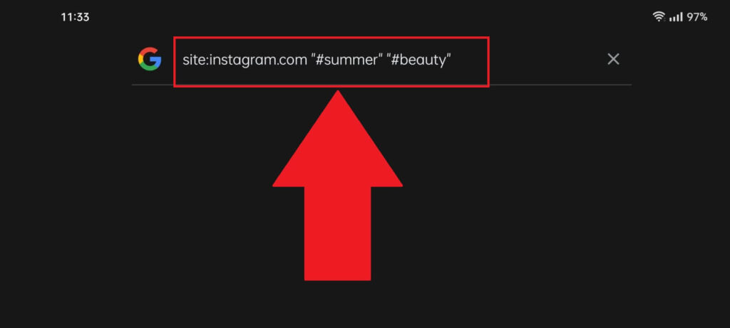 Google search field showing the "site:instagram.com "#summer" "#beauty" command typed in