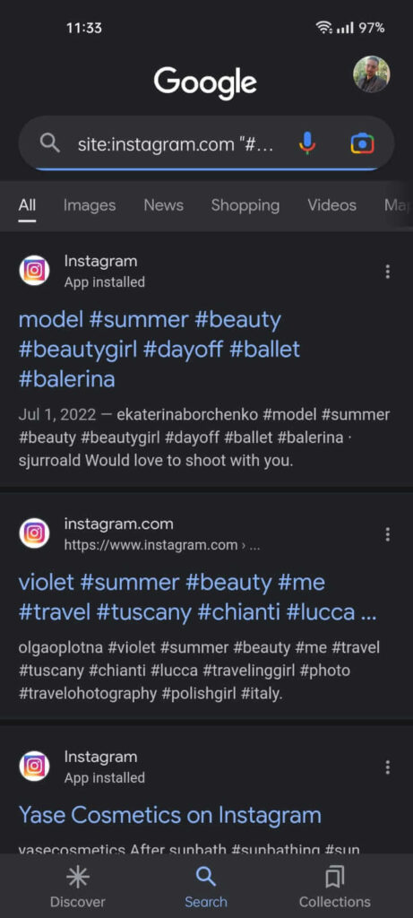 Google search results showing several Instagram results based on the hashtag searches from before