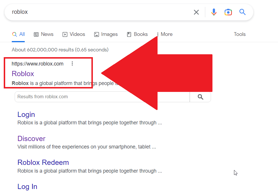 Google Chrome search results page showing the "Roblox" website highlighted in red