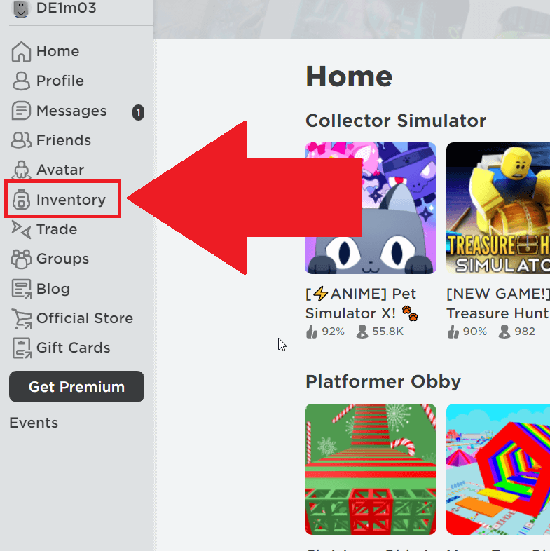 Roblox homepage where the "Inventory" option on the left-hand side is highlighted in red