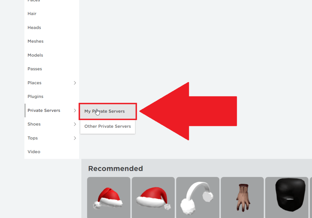 Roblox Inventory showing the "My Private Servers" option under the "Private Servers" menu highlighted in red