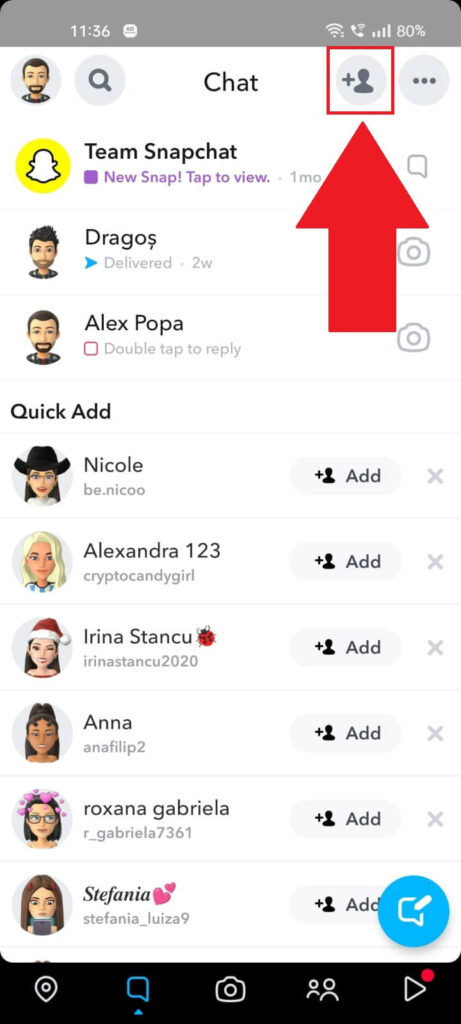 Snapchat Chats page showing the "Add Friends" button highlighted in the top-right corner