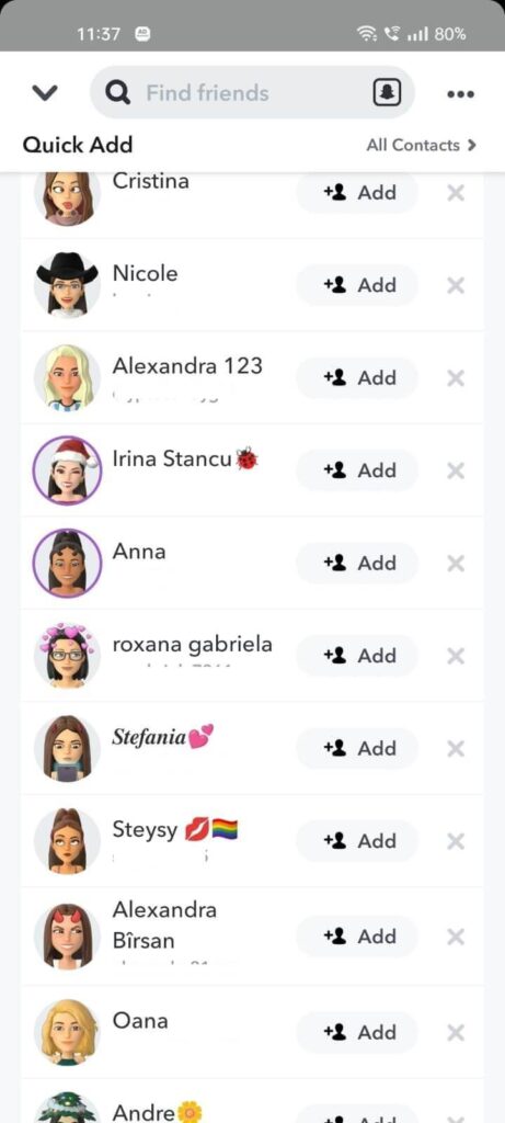 Snapchat "Quick Add" list showing a list of all potential friends on Snapchat