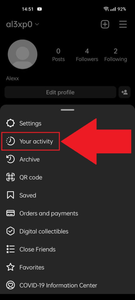 Instagram profile page showing the "Your activity" button highlighted in red located in the menu at the bottom of the page