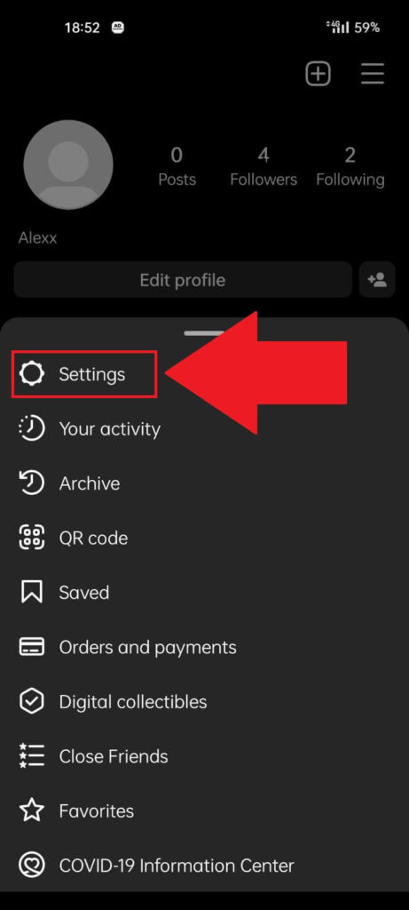Instagram profile showing a menu with the "Settings" option highlighted