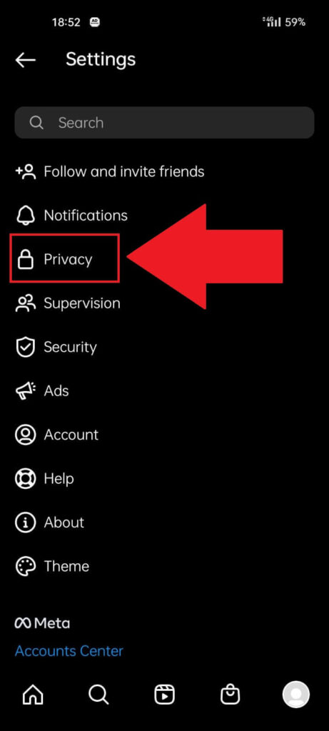 Instagram Settings where the "Privacy" option is highlighted in red