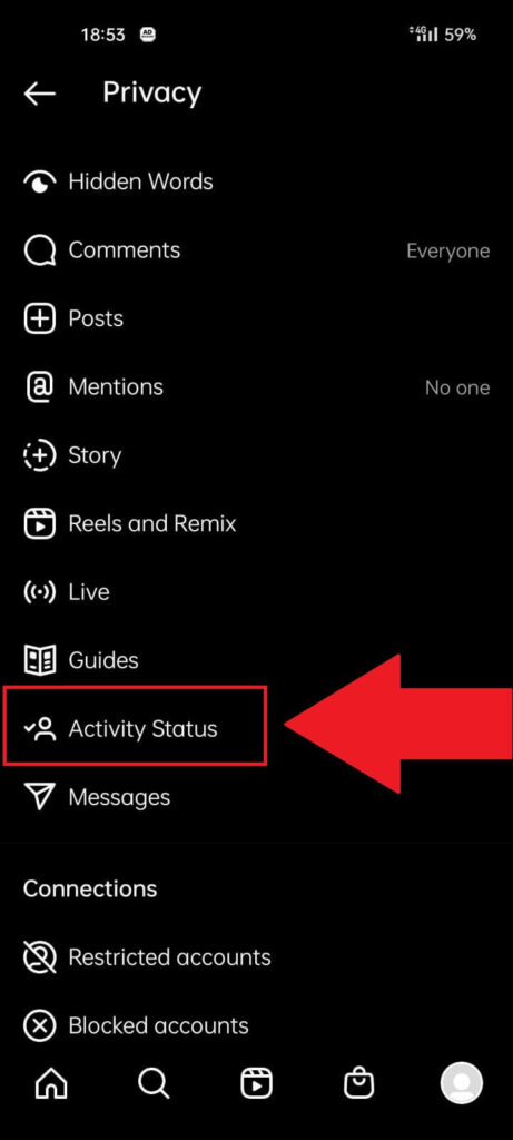 Instagram "Privacy" settings with the "Activity Status" option highlighted in red