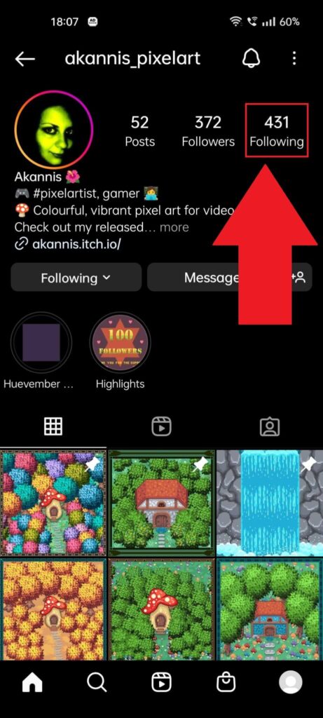 Instagram friend's profile showing the "Following" option highlighted in red