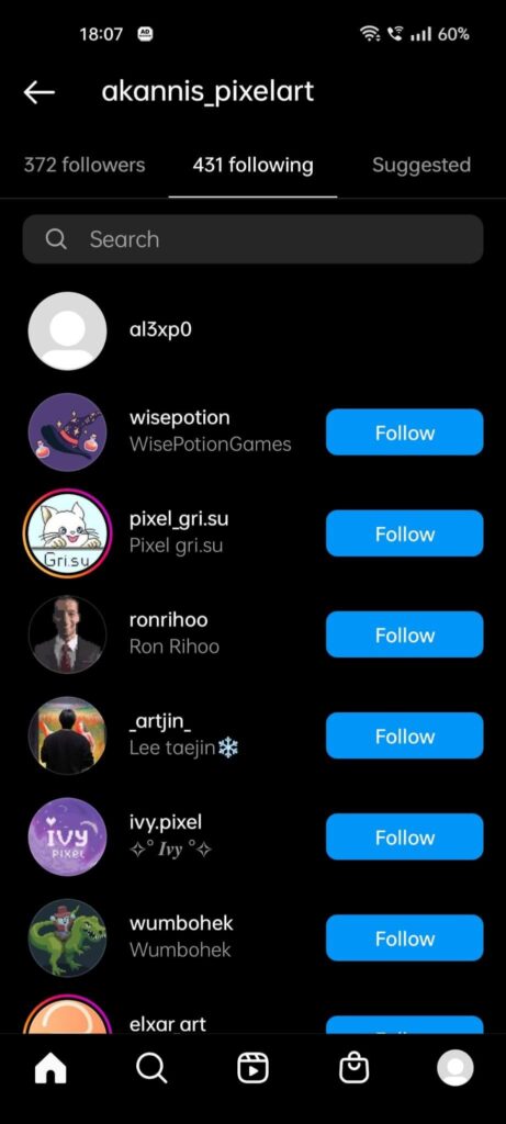 Instagram friend's Following page showing all the people they're following
