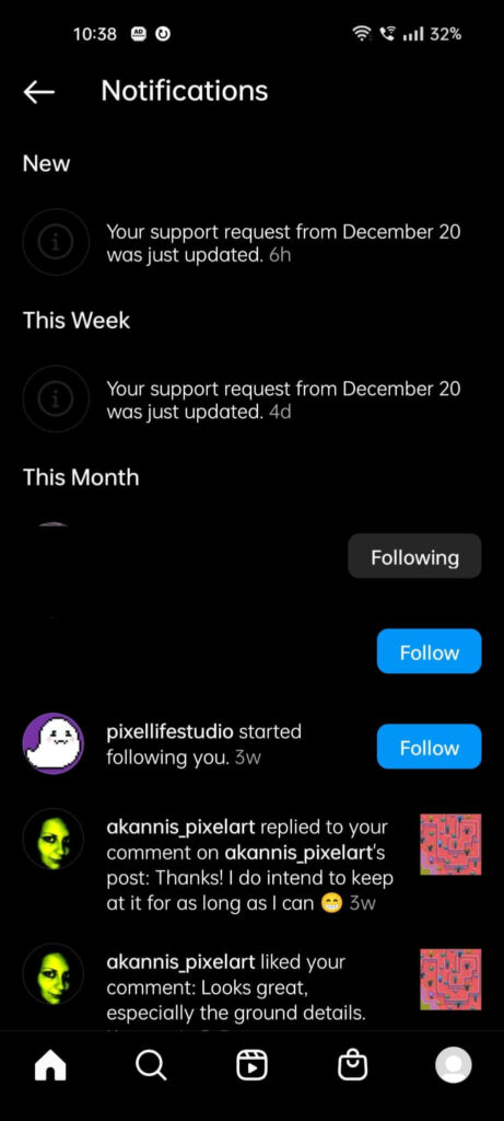 Instagram notifications showing a chronological list of your notifications on Instagram