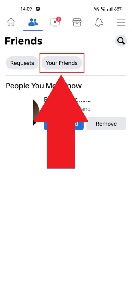 Facebook "Friends" page showing the "Your Friends" button highlighted in red