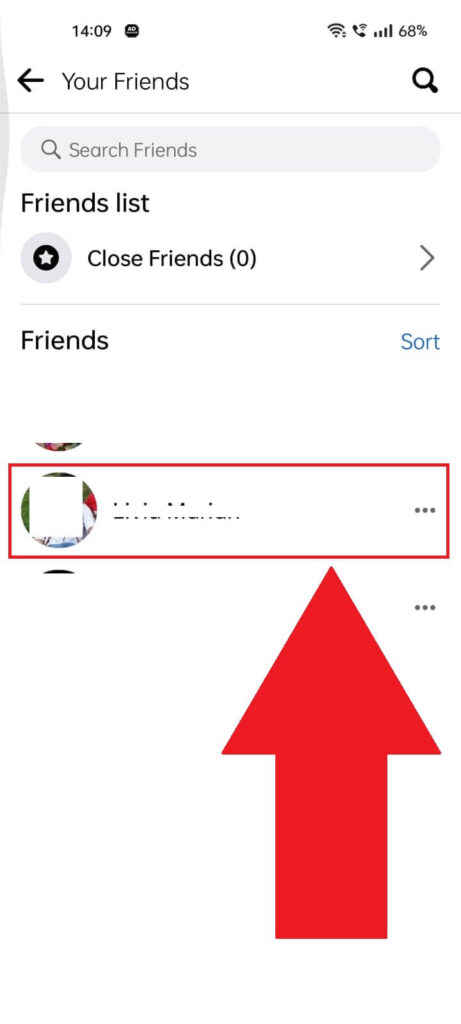 Facebook "Friends list" showing a friend highlighted in red