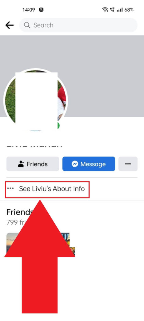Facebook profile page showing the "See about info" button highlighted