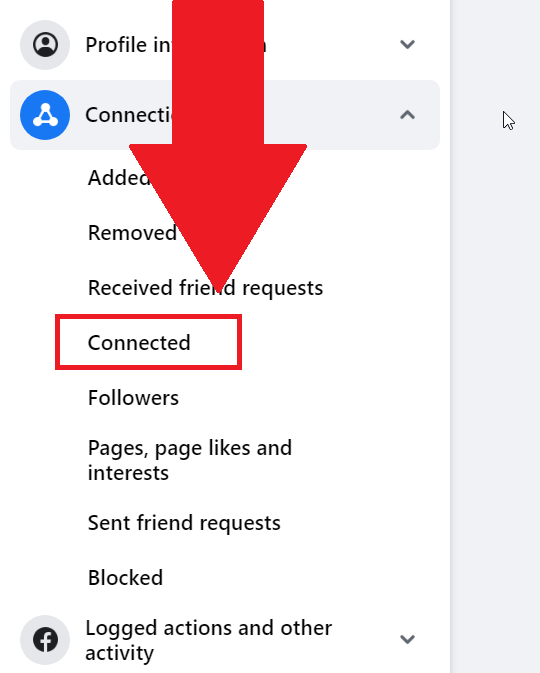 Facebook "Connections" tab on the "Activity Log" page where the "Connected" option is highlighted in red