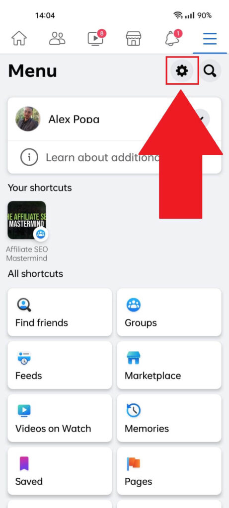 Facebook Menu page showing the Gear icon highlighted in the top-right corner