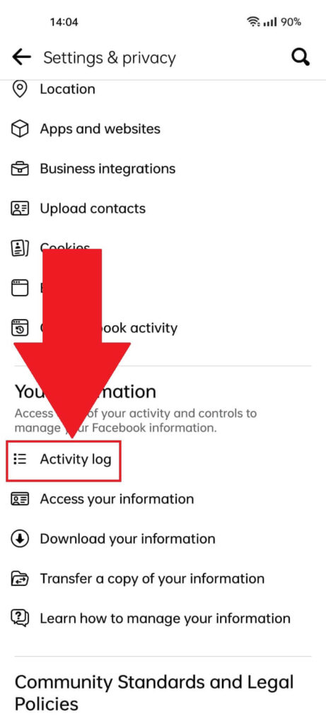 Facebook settings page showing the "Activity log" option highlighted in red