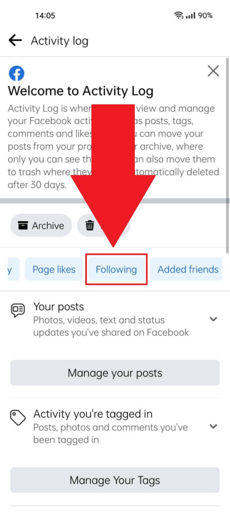 Facebook "Activity Log" page showing the "Following" option highlighted in red